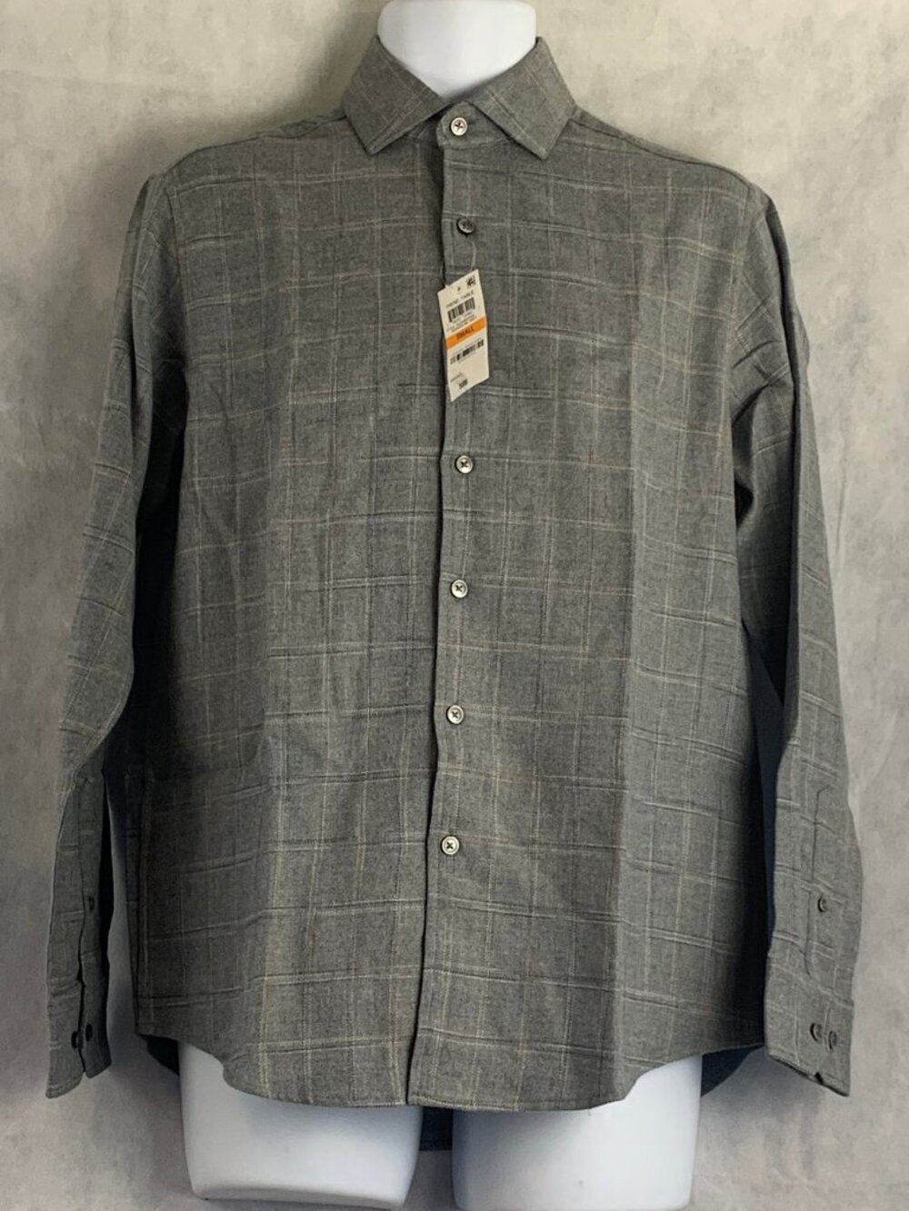 Tasso Elba Men's 100% Cotton Long Sleeve Button-Down Shirt, Gray Plaid, Small